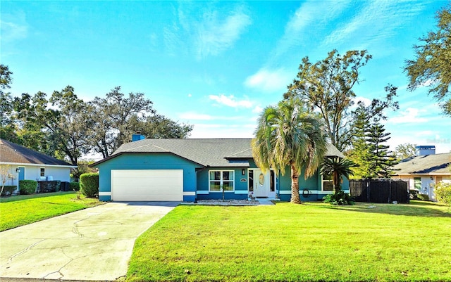 ranch-style home featuring a garage and a front yard