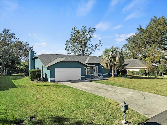 ranch-style house with a garage and a front yard