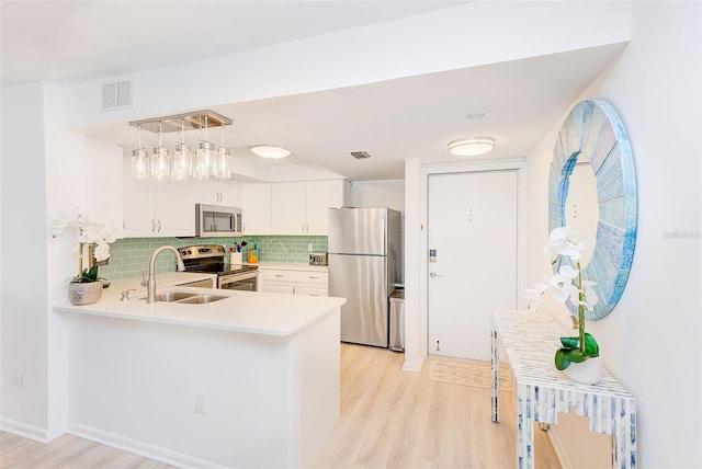 kitchen featuring decorative backsplash, stainless steel appliances, sink, light hardwood / wood-style flooring, and white cabinets