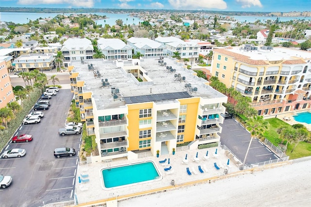 drone / aerial view with a water view