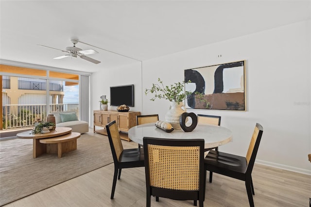 dining room featuring ceiling fan, light hardwood / wood-style floors, and a wall of windows