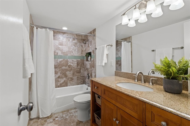 full bathroom with vanity, toilet, and shower / bath combo with shower curtain