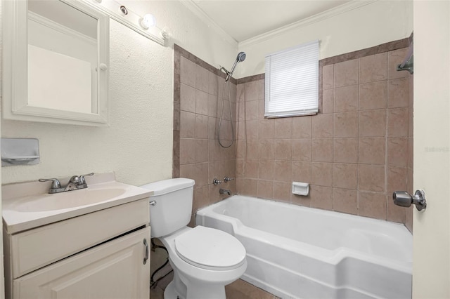 505 Sawyer Ave, Merritt Island, FL 32953 - bathroom featuring vanity, shower / bathtub combination, toilet, ornamental molding, and a textured wall