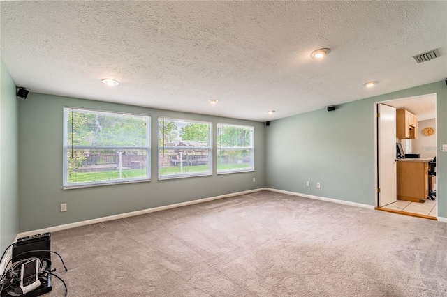 empty room with light colored carpet and a textured ceiling