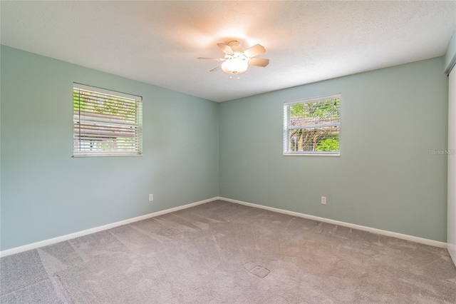 carpeted empty room featuring ceiling fan and a textured ceiling