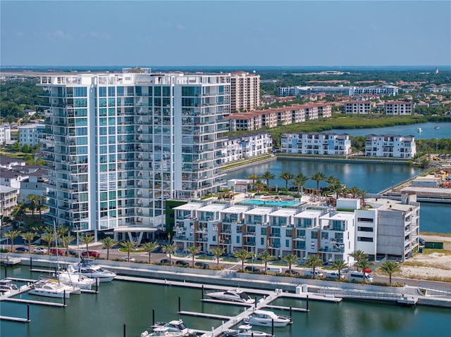 drone / aerial view with a water view