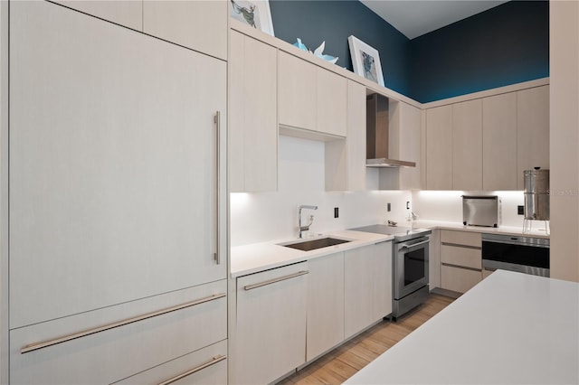 kitchen with stainless steel appliances, light hardwood / wood-style flooring, wall chimney exhaust hood, and sink