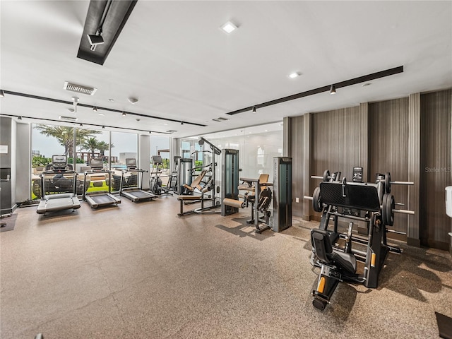 exercise room featuring rail lighting