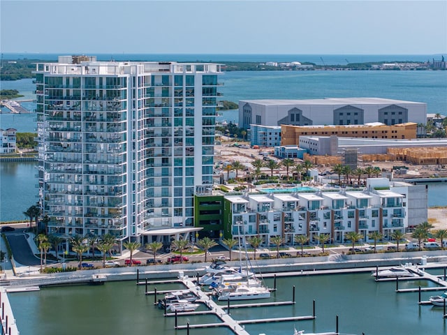 bird's eye view with a water view