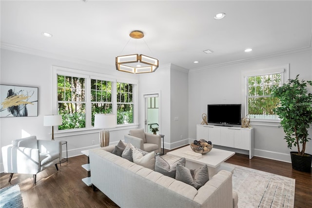 living room with dark hardwood / wood-style floors, ornamental molding, and a notable chandelier