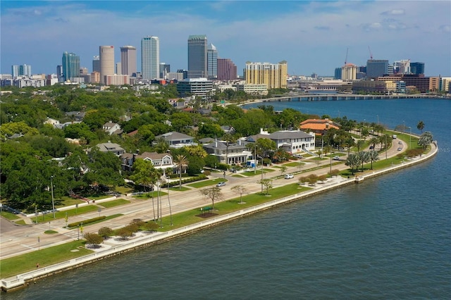 drone / aerial view featuring a water view