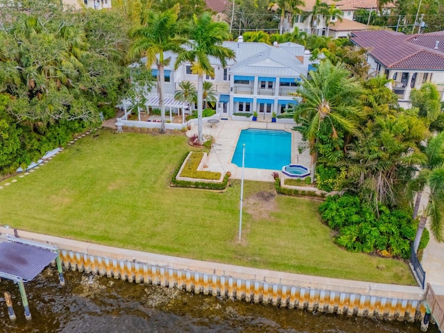 aerial view featuring a water view