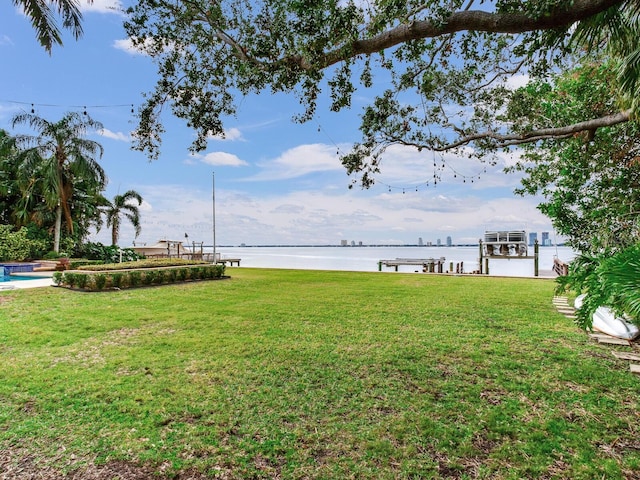 view of yard with a water view and a boat dock