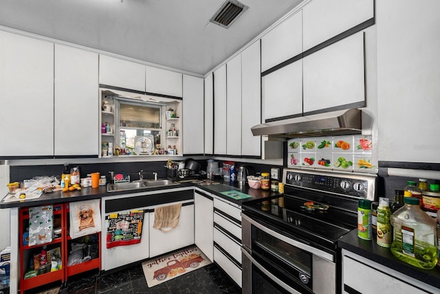 kitchen with white cabinets, sink, and stainless steel range with electric cooktop