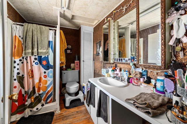 bathroom featuring a shower with shower curtain, vanity, toilet, and hardwood / wood-style floors