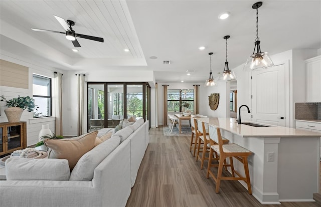 living room featuring a tray ceiling, a wealth of natural light, light hardwood / wood-style flooring, and ceiling fan