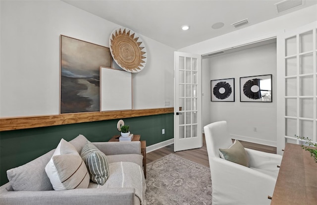 office area with french doors and wood-type flooring