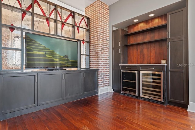 bar featuring wine cooler and dark hardwood / wood-style floors