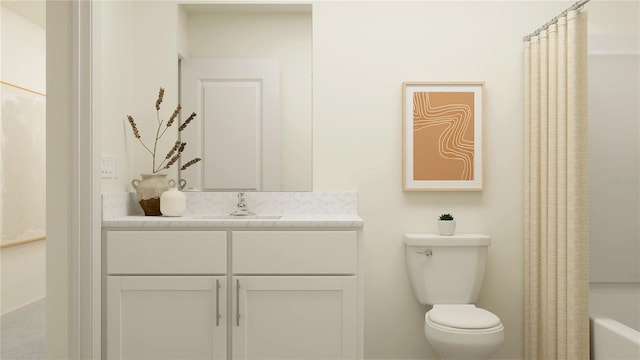 full bathroom featuring shower / tub combo with curtain, vanity, and toilet