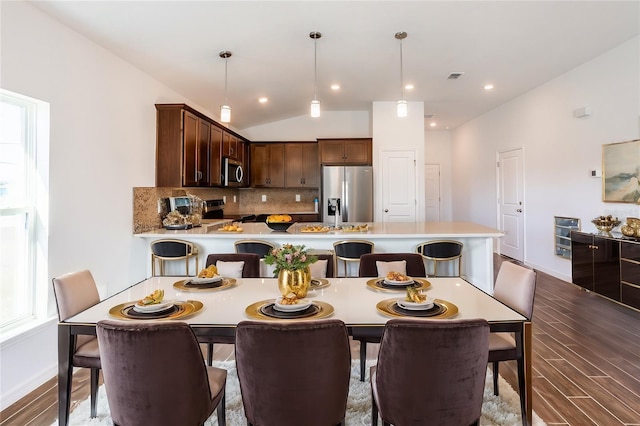 kitchen featuring stainless steel appliances, plenty of natural light, and hanging light fixtures