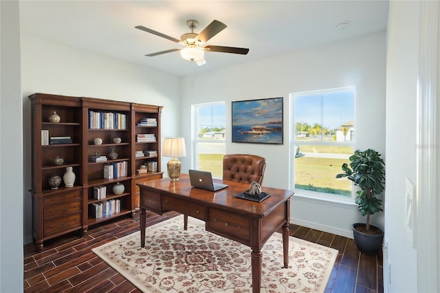 office area with a healthy amount of sunlight, ceiling fan, and dark wood-type flooring