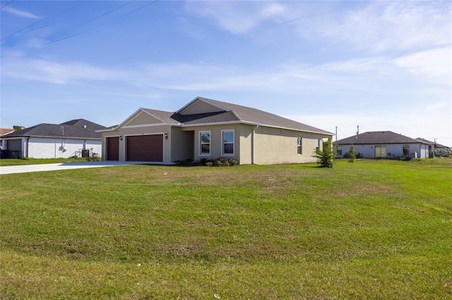 ranch-style house with a front yard and a garage