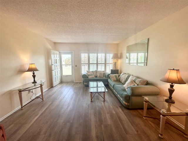 living room with a textured ceiling and dark wood-type flooring