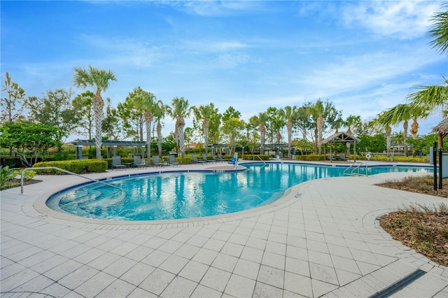 view of swimming pool featuring a patio area