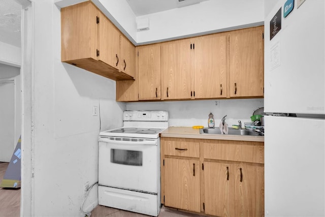 kitchen with light tile patterned flooring, light brown cabinetry, white appliances, and sink