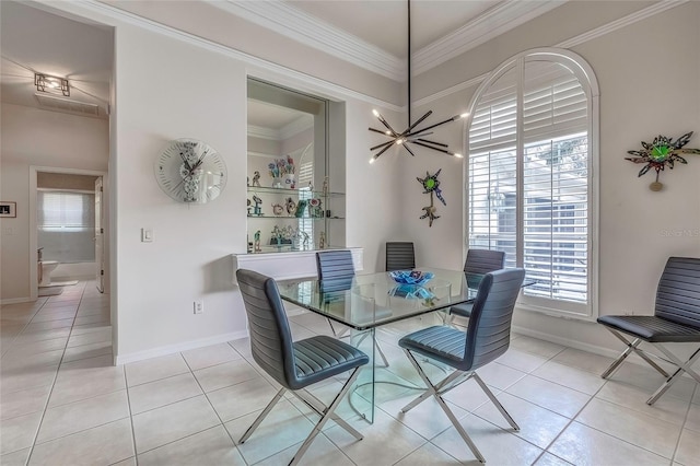 tiled dining space featuring crown molding