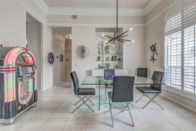 tiled dining space featuring a notable chandelier, a healthy amount of sunlight, and crown molding