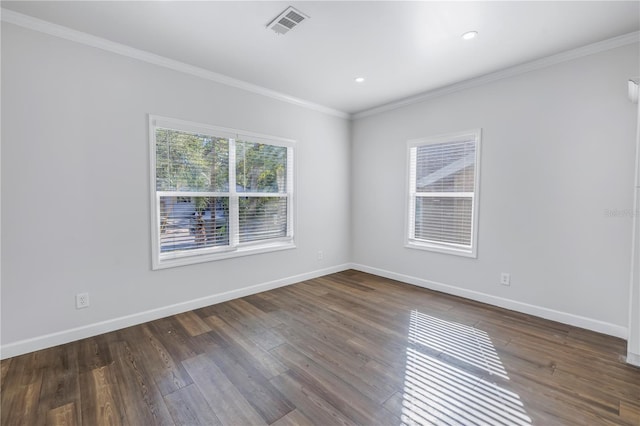 unfurnished room with crown molding and dark wood-type flooring