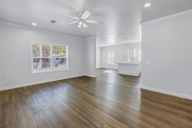 unfurnished living room with ornamental molding, dark hardwood / wood-style floors, and ceiling fan