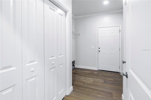 clothes washing area featuring ornamental molding and dark hardwood / wood-style floors