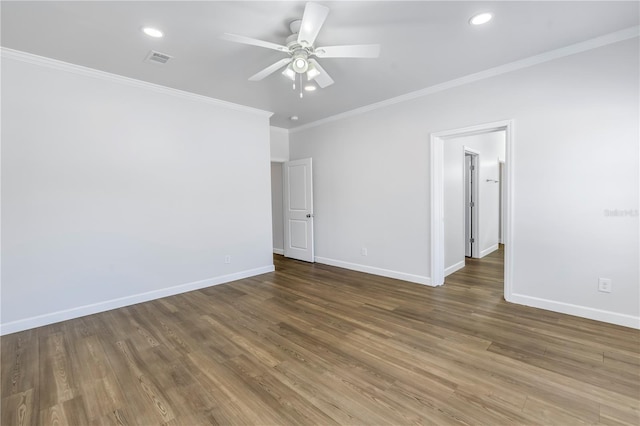 unfurnished room featuring crown molding, wood-type flooring, and ceiling fan