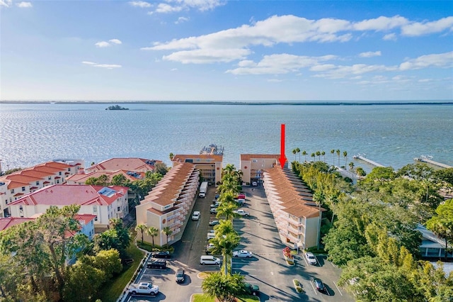 bird's eye view with a water view