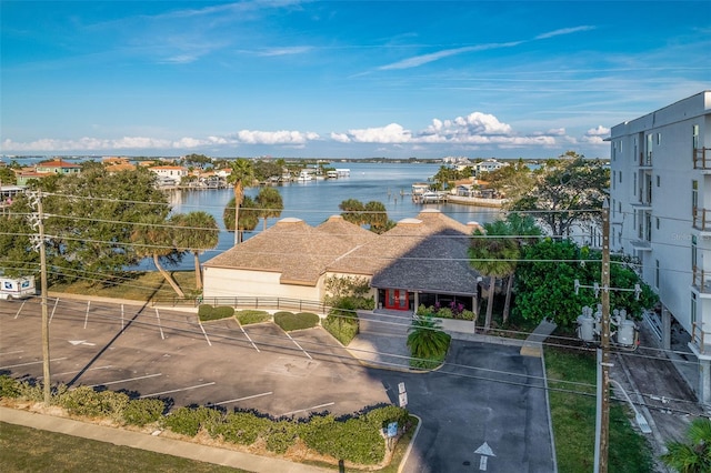 drone / aerial view with a water view