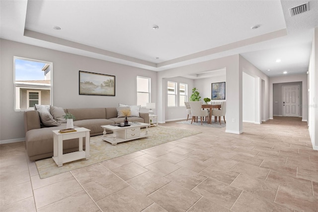 living room with a raised ceiling