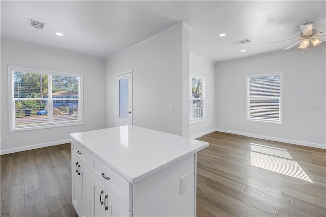 kitchen with dark hardwood / wood-style floors, plenty of natural light, a center island, and white cabinets