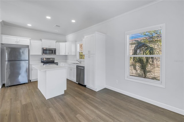 kitchen with white cabinetry, a wealth of natural light, stainless steel appliances, and a center island