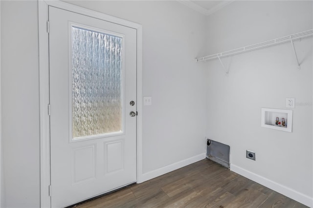 clothes washing area with dark wood-type flooring, plenty of natural light, washer hookup, ornamental molding, and hookup for an electric dryer