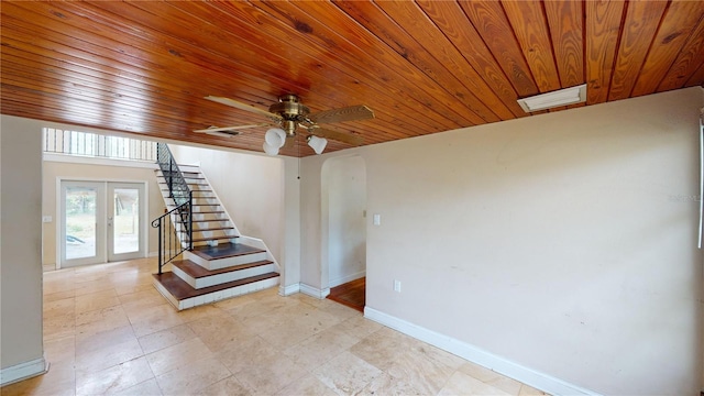 interior space with french doors, ceiling fan, and wood ceiling