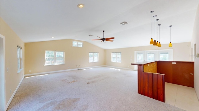1149 Sedeeva St, Clearwater, FL 33755 - unfurnished living room featuring lofted ceiling, baseboards, visible vents, a ceiling fan, and light carpet
