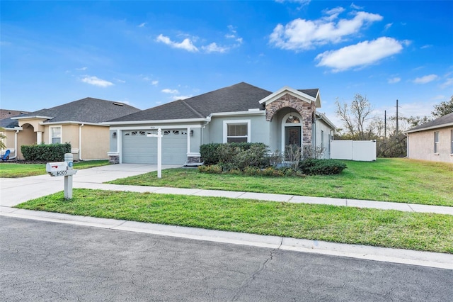 ranch-style house with a front yard and a garage