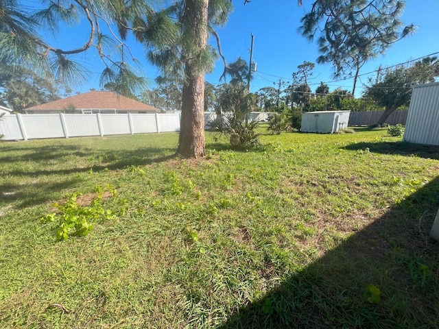 view of yard featuring a storage unit