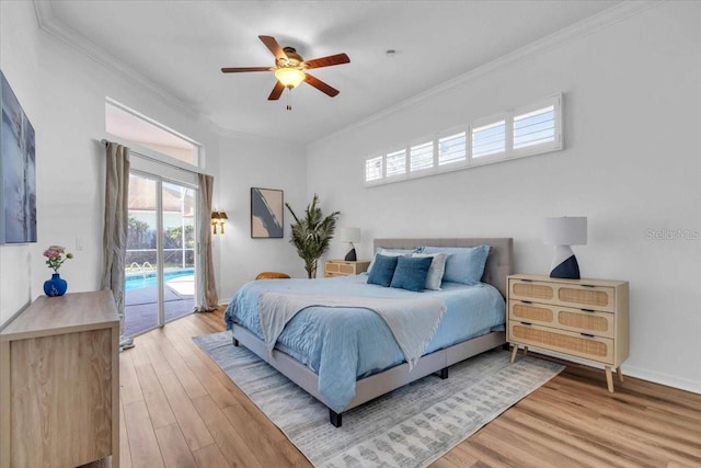 bedroom featuring ceiling fan, access to exterior, ornamental molding, and light hardwood / wood-style flooring