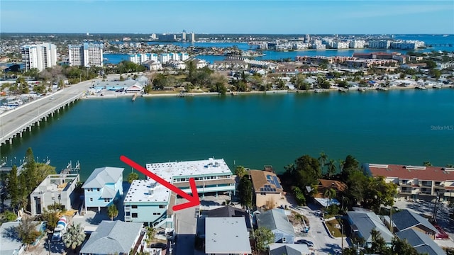 aerial view with a water view and a city view