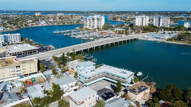 aerial view with a water view and a city view