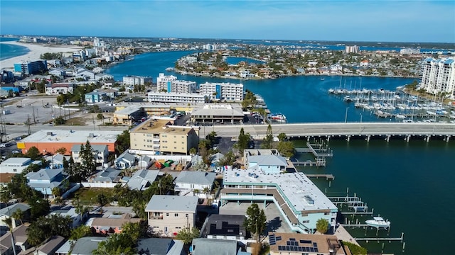 drone / aerial view featuring a water view and a city view