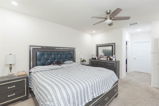 carpeted bedroom featuring ceiling fan